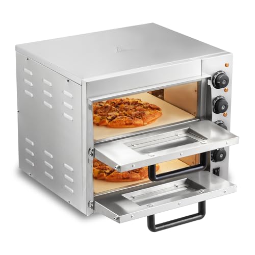 VEVOR Kommerzieller Pizzaofen Backofen 2-lagig 356 mm, elektrischer Pizzaofen aus Edelstahl mit vier Drehknöpfen, Mehrzweck-Pizzamaker Indoor, Silber