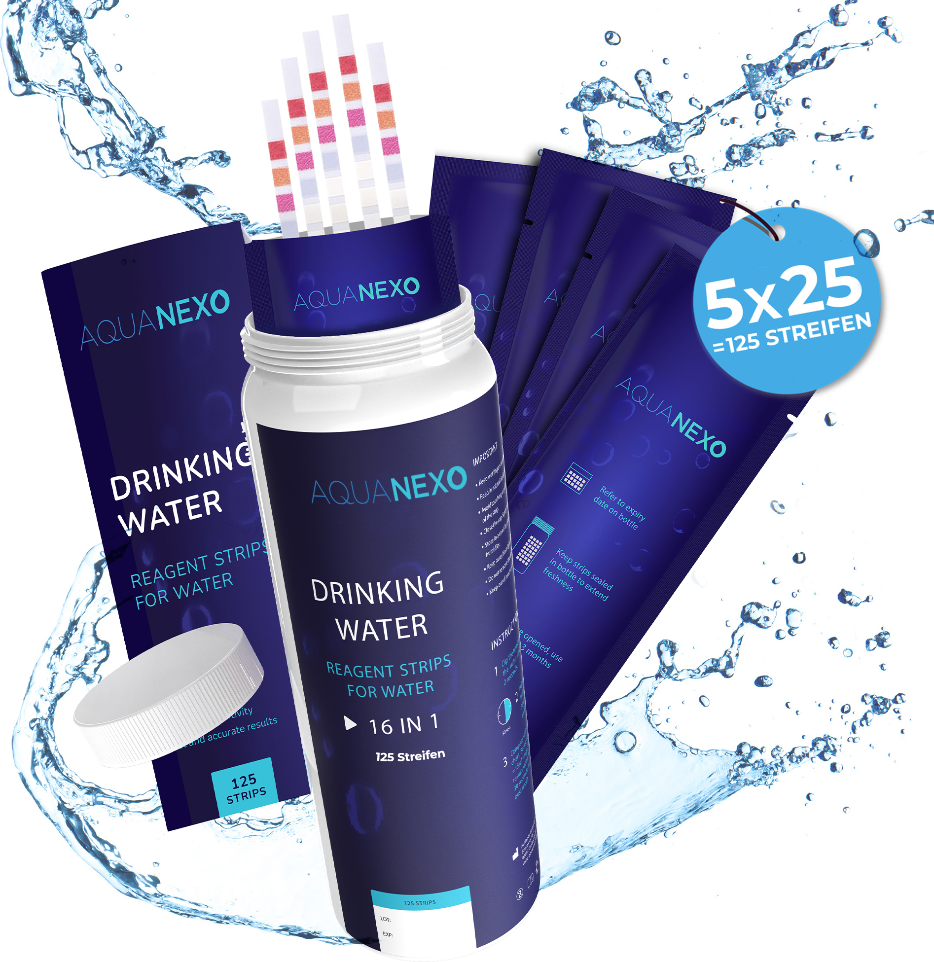 Aquanexo 125 Wassertester Trinkwasser Teststreifen 16-in-1 Trinkwassertest pH Wasserhärte