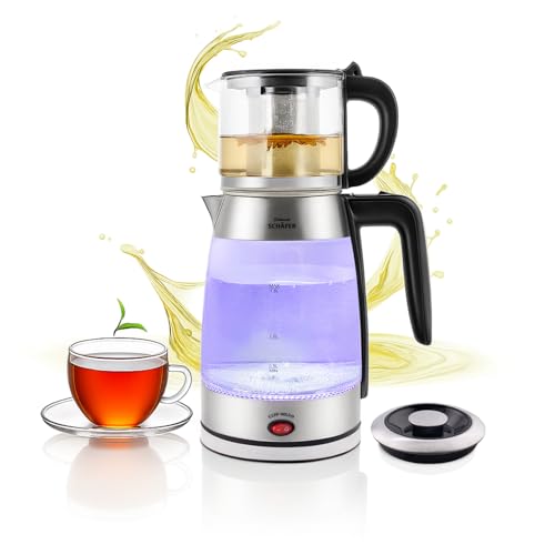 Elektronik SCHÄFER Teekocher Glas-Teekocher 1,8/0,8 Liter Schwarz/Silber - Wasserkocher mit Warmhaltefunktion bis 85°C und verdecktem Heizelement