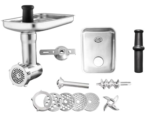 Kitty Professional Fleischwolf SCHREDDER PRO 2.0, Edelstahl-Fleischwolf mit 4 Lochscheiben, Wurstfüllhorn und Spritzgebäckvorsatz, kompatibel mit KitchenAid