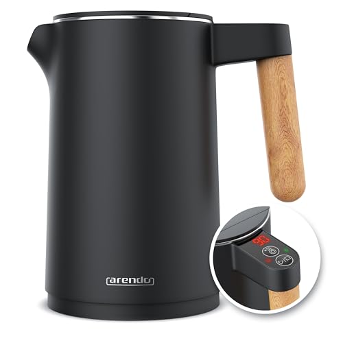 Arendo Wasserkocher Edelstahl mit Temperatureinstellung 45°C-100°C, 1.5 Liter, Doppelwand, BPA-frei, Warmhaltefunktion, Teekocher mit Temperaturanzeige, Griff Cool Touch, Schwarz