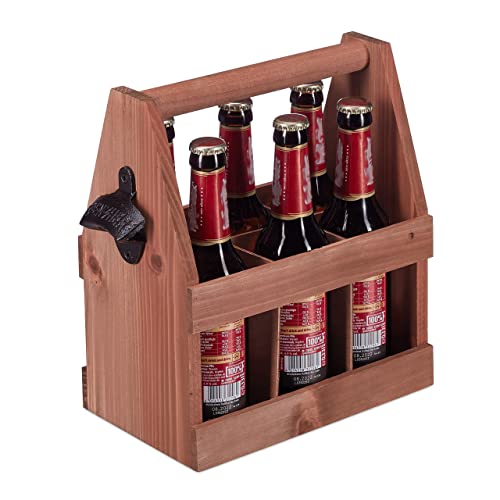 Relaxdays Bierträger aus Holz, Flaschenträger für 6 Bierflaschen mit Flaschenöffner, braun