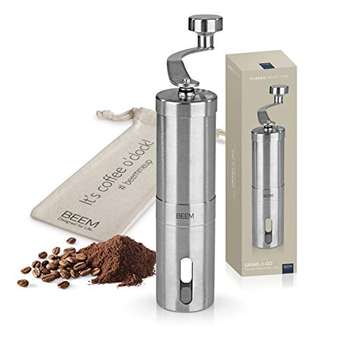BEEM GRIND-2-GO Manuelle Kaffeemühle – 40 g | Kegelmahlwerk | Mahlgrad-Einstellung stufenlos | Baumwollbeutel | Kaffeemühle manuell | Edelstahl | Kaffee - Preisvergleich