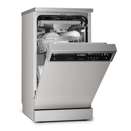 Klarstein Verosteel Geschirrspüler 45cm, freistehend, 10 Plätze, 9 Programme, 42 dB, Energieklasse B, AquaStop, Kindersicherung, Silber