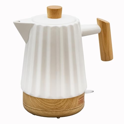 Kvota Keramik Wasserkocher ALLEGRO 1,7 L weiß – mit Holzgriff, 360°-Sockel, LED, BPA-frei, 1500 W, Retro Design