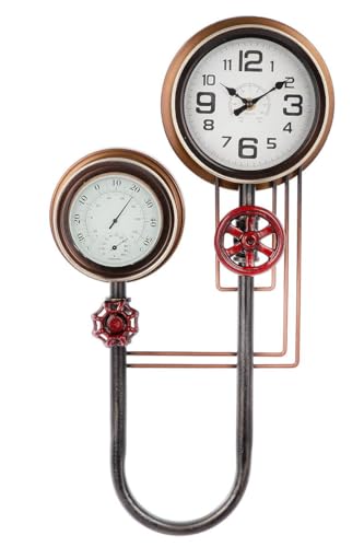 GILDE Industrielle Wanduhr mit Thermometer und Hygrometer, 55 cm Höhe, Metall Schwarz-Kupfer, großes Zifferblatt mit arabischen Zahlen