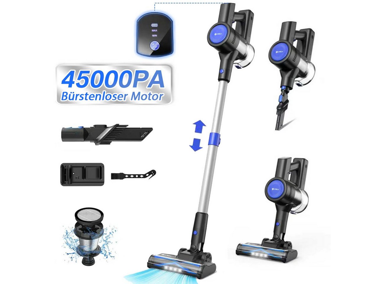 Grenintol Akku-Hand-und Stielstaubsauger, 6 in 1 mit 350 W und 45.000 Pa Saugkraft, kabelloser Staubsauger mit HEPA-Filter, Auto- und ECO-Modus, bis zu 60 Minuten Akkulaufzeit