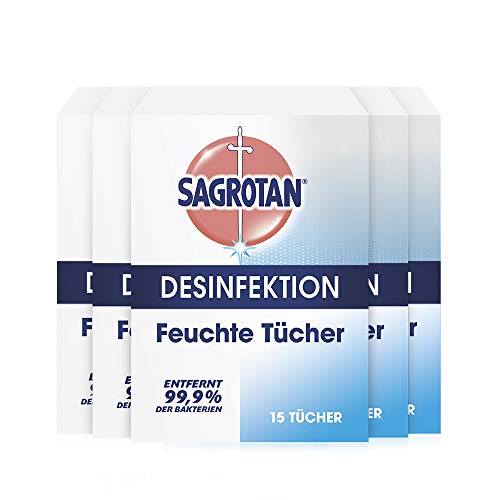 Sagrotan Feuchte Tücher zur Desinfektion – In praktischer Reisegröße für die schnelle hygienische Reinigung unterwegs – 5 x 15 Feuchttücher, einzeln verpackt