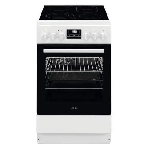 AEG Standherd mit Glaskeramik-Kochfeld / 50cm / Bräterzone / Mehrkreiskochzone / Teleskopschienen / Grillfunktion / Display mit Uhr / Weiß
