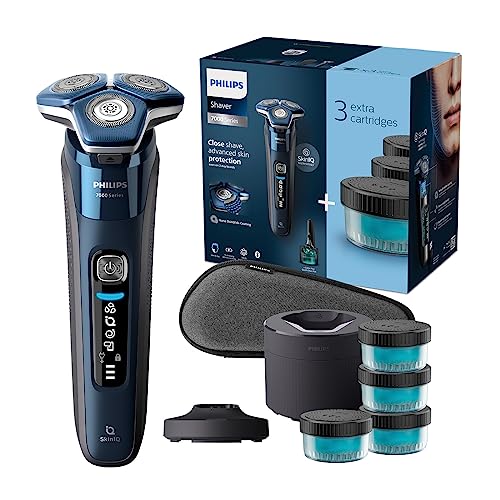 Philips Shaver Series 7000 – Elektrischer Nass- und Trockenrasierer für Herren mit ausklappbarem Trimmer, Reinigungsstation, 4 x Reinigungskartuschen, Ladestation & Reiseetui (Modell S7885/63)