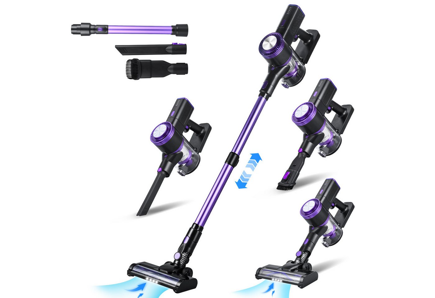 CkeyiN Akku-Hand- und Stielstaubsauger 28000Pa, Kabelloser Staubsauger mit Teleskopstange, Anti-Tangle-Bürste, 250 W, max. 45 Min Laufzeit, lila, LED-Leuchte