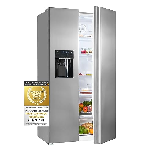 Exquisit Side-by-Side SBS520-CF-040E inoxlook | 513 L Volumen | NoFrost | Side by Side Kühlschrank mit Eiswürfelspender | Festwasseranschluss |