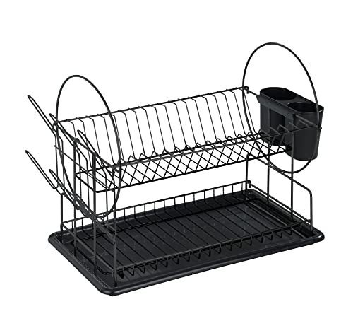 WENKO Geschirrabtropfer Premium Duo Schwarz, eleganter Geschirr Abtropfständer für die Küche, hochwertiges Abtropfgestell mit Besteckkasten und Tellerständer, 52 x 36 x 24 cm, aus Metall, Schwarz
