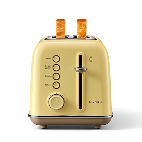 Buydeem DT620-MY, Toaster mit 900 Watt, Edelstahlgehäuse, Aufwärm- und Auftaufunktion, Gelb