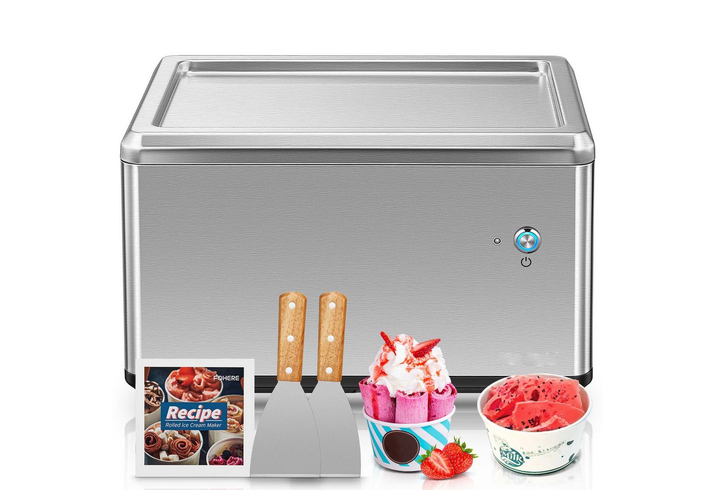 FOHERE Eismaschine Selbstkühlende Roll-Eismaschine mit Kompressor, 120 W, inkl. 2 Metallspatel & Rezeptheft, ein-Knopf-Bedienung