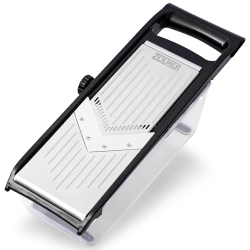 ZOLMER® Gemüsehobel Verstellbar, Gemüseschneider mit zwei extra scharfen Julien Messern, inkl. Fingerschutz und Auffangschale, 1-5 mm Schnittstärke