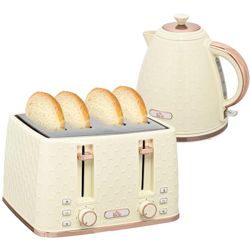 HOMCOM Frühstücksset, Toaster mit 4 Schlitzen und 1,7L Wasserkocher, beige, 2200 W, automatische Abschaltung, Auftau- & Aufwärmfunktion