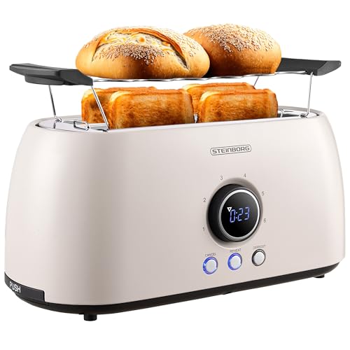 Steinborg Langschlitztoaster 4-Scheiben mit Brötchenaufsatz, automatischer Abschaltung, digitalem Display und Restzeitanzeige, Cool-Touch-Gehäuse (Bulgur Beige)