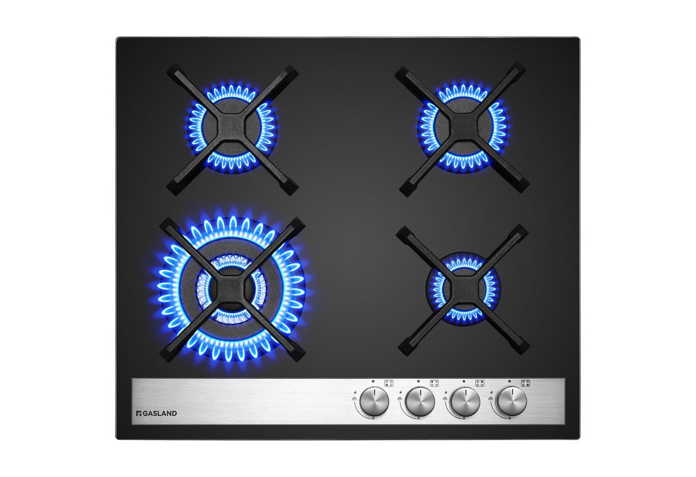 GASLAND Gas-Kochfeld GKS60, 60 cm Schwarz Glasherd mit Wok Brenner, 8000 Watt, LPG/Erdgas, 4 Kochzonen, Zündsicherung