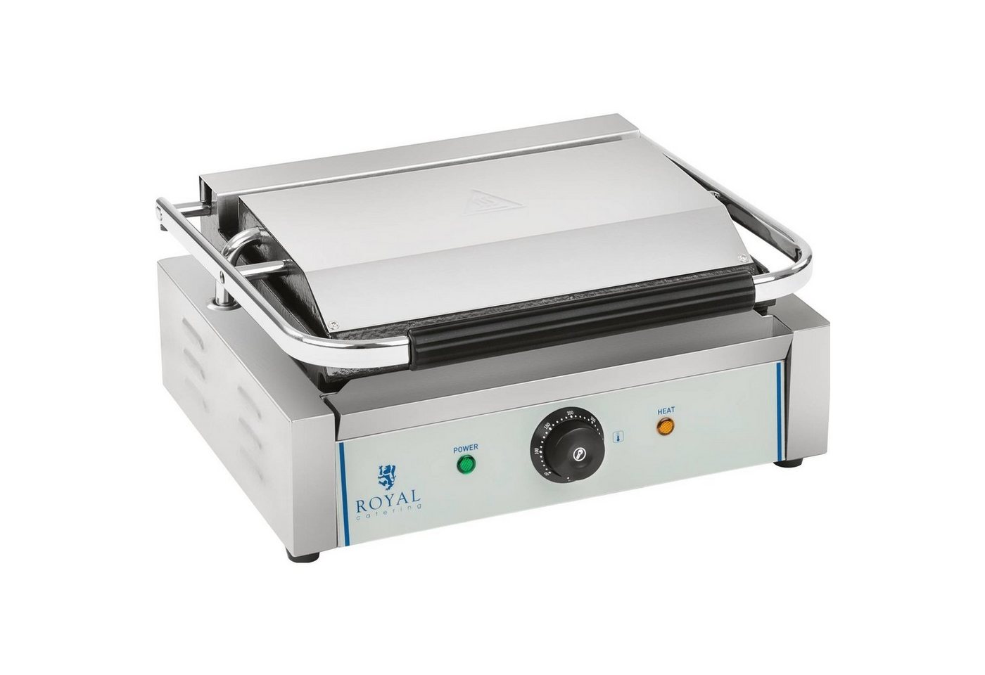 Royal Catering Kontaktgrill RCKG-2200-G, Elektrogrill mit 2200 W Leistung, geriffelte Gusseisenplatten, Edelstahl-Gehäuse