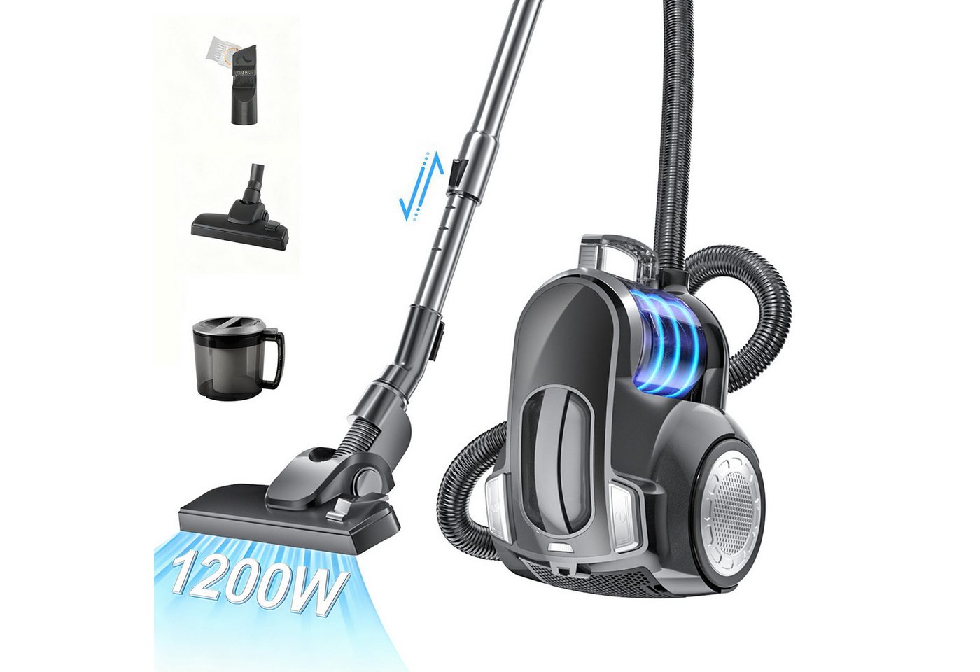 ibettertec Bodenstaubsauger, beutellos, 1200 W, starke Saugleistung, leise, 2,5L Staubbehälter, ideal für Hartböden und Teppiche