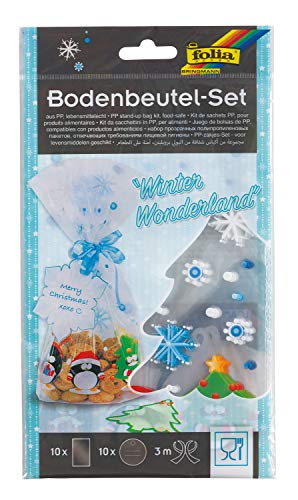 folia 46204 Bodenbeutel Set Christmas Time, 10 transparente Beutel winterlich bedruckt, 14,5 x 23,5 cm, inklusive 10 Anhängern und 3 m Satinband