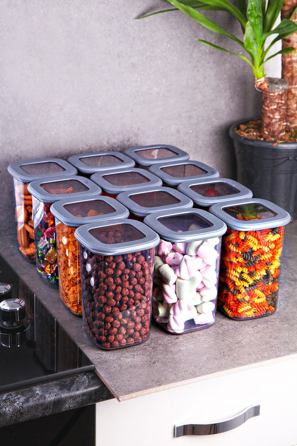 Hermia Concept BNMPOLYAS12-120, 12-teiliges Vorratsdosen-Set aus Plastik, grau, 1200 ml, 6,5 x 6,5 x 13 cm