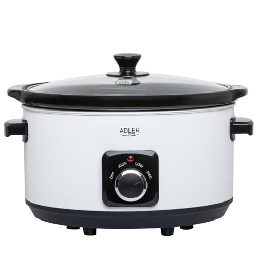 Adler ADLER Slow Cooker 5,8L, 290W Leistung, Keramische Schale, Edelstahlgehäuse, Glasdeckel