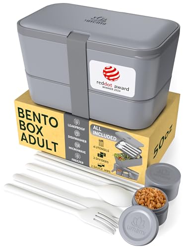 UMAMI Bento Lunchbox für Erwachsene, Auslaufsichere Brotdose mit Besteck und 2 Saucenbehältern, Fächer für Meal Prep, ideal für Salat und Snacks