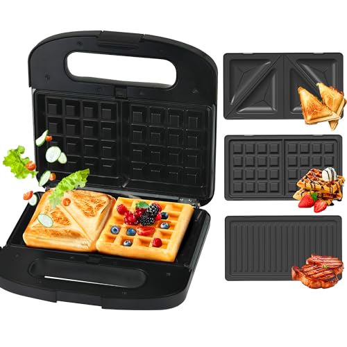 EXTRALINK Sandwichmaker 3 in 1 Toaster, Grill und Waffeleisen mit austauschbaren Platten, 1000W Kontaktgrill, Antihaftbeschichtung, einfacher Reinigung, Schwarz