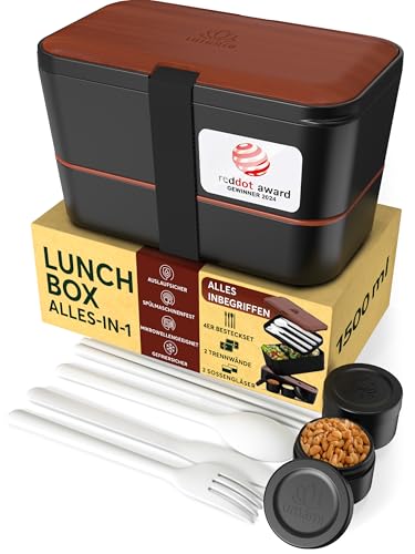 UMAMI Bento-Lunchbox für Erwachsene, auslaufsichere Brotdose mit Fächern für Meal Prep, inkl. Besteck und 2 Saucenbehältern, ideal für Salat und Snacks