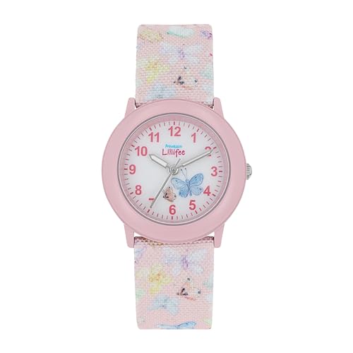 Prinzessin Lillifee Quarzuhr 2037730, Kinderarmbanduhr mit buntem Ziffernblatt und verstellbarem Textilarmband, spritzwassergeschützt
