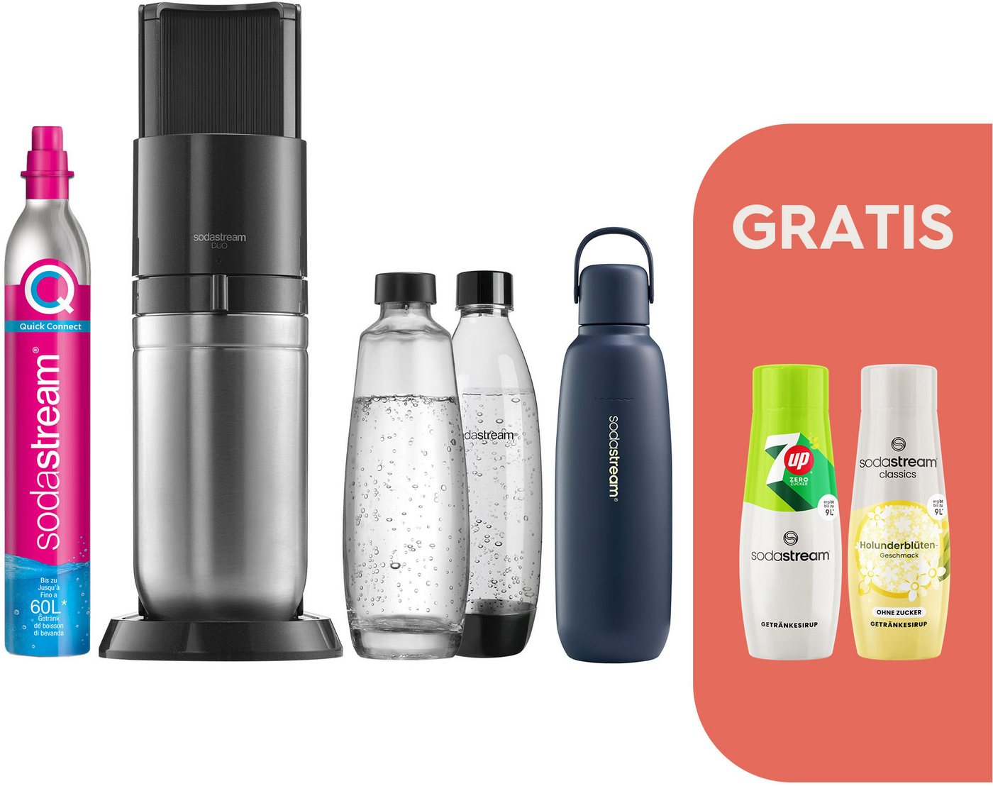 SodaStream DUO Wassersprudler, titan, mit 3 Flaschen, 1 CO2-Zylinder, 2 Sirups (7up & Holunderblüte) und Fizz&go COOL 0,9L