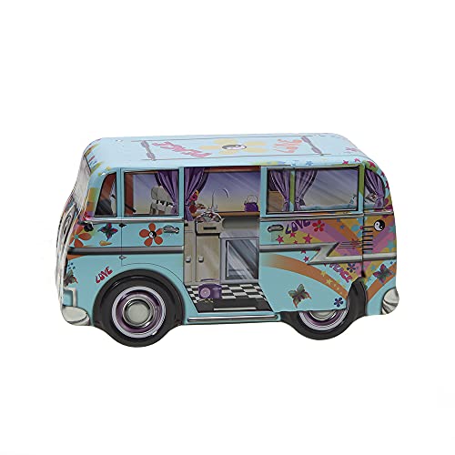 POWERHAUS24 Hippie Mini Camper Peace & Love Blechdose, Keksdose, Aufbewahrung, ca. 16,5 cm x 9,3 cm 7,7 cm, mit Backrezept - Lebensmittelecht, ideales Geschenk, veganes Mini-Schoko-Brownies Rezept