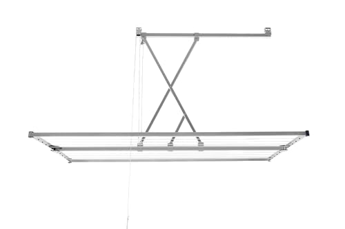 Stewi Deckentrockner Libelle, Aluminium Wäscheständer mit 20 m Leinenlänge, Schwarz/Silber, platzsparend und absenkbar bis 104 cm
