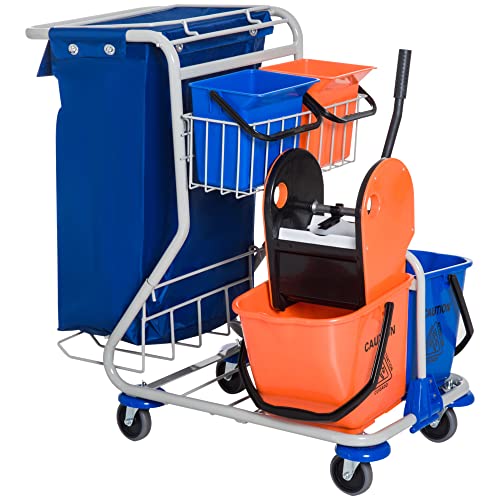 HOMCOM Putzeimer Putzwagen mit 4 Fahreimern, 2x 18l und 2x 6l, farblich getrennt in Orange und Blau, mit Mopp-Presse und Abfallsack