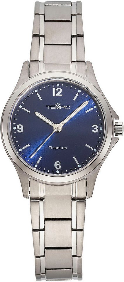 Tempic Titanuhr, Quarzuhr mit analoger Anzeige, Damenuhr, titansilberfarbenes Titanarmband, Leuchtzeiger, wasserdicht bis 5 bar, Gehäusedurchmesser 28 mm