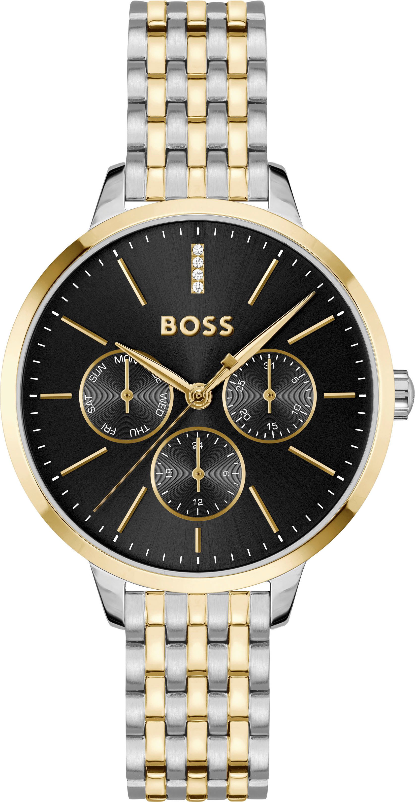 BOSS Multifunktionsuhr SYMPHONY, Quarzuhr, Armbanduhr, Damenuhr, Edelstahlarmband, analog, schwarz/silber-goldfarben