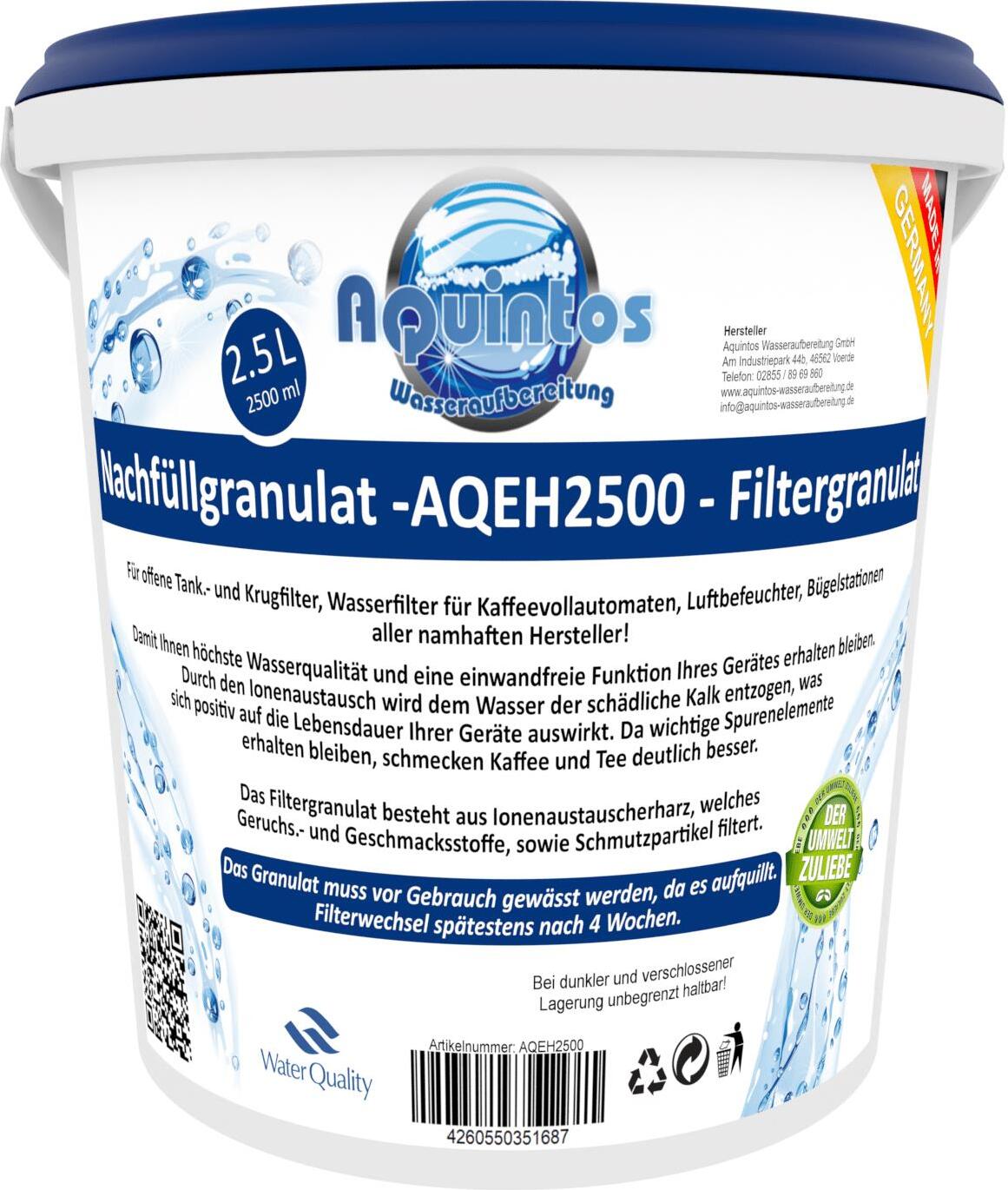 Aquintos Kalkschutz++ Nachfüll Granulat für Wasserfilter AQEH2500, 2,5Liter Refill Filtergranulat, auch für sehr hartes Wasser geeignet, Aquintos-Water-Technologie