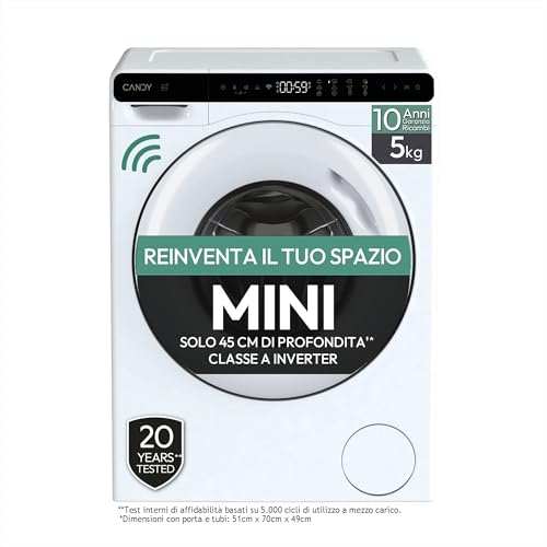 Candy CW50-BP12307WU-S, kompakte Frontlader-Waschmaschine, 5 kg, Energieeffizienzklasse A, 1200 U/min, Startzeitvorwahl, Kindersicherung