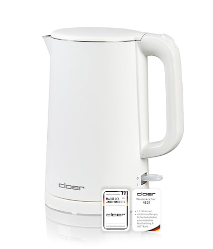 Cloer 4321 Wasserkocher 1,5 L, 1500 W, Edelstahlbehälter, automatische Abschaltung, Überhitzungsschutz, Einhandbedienung, weißes Kunststoffgehäuse