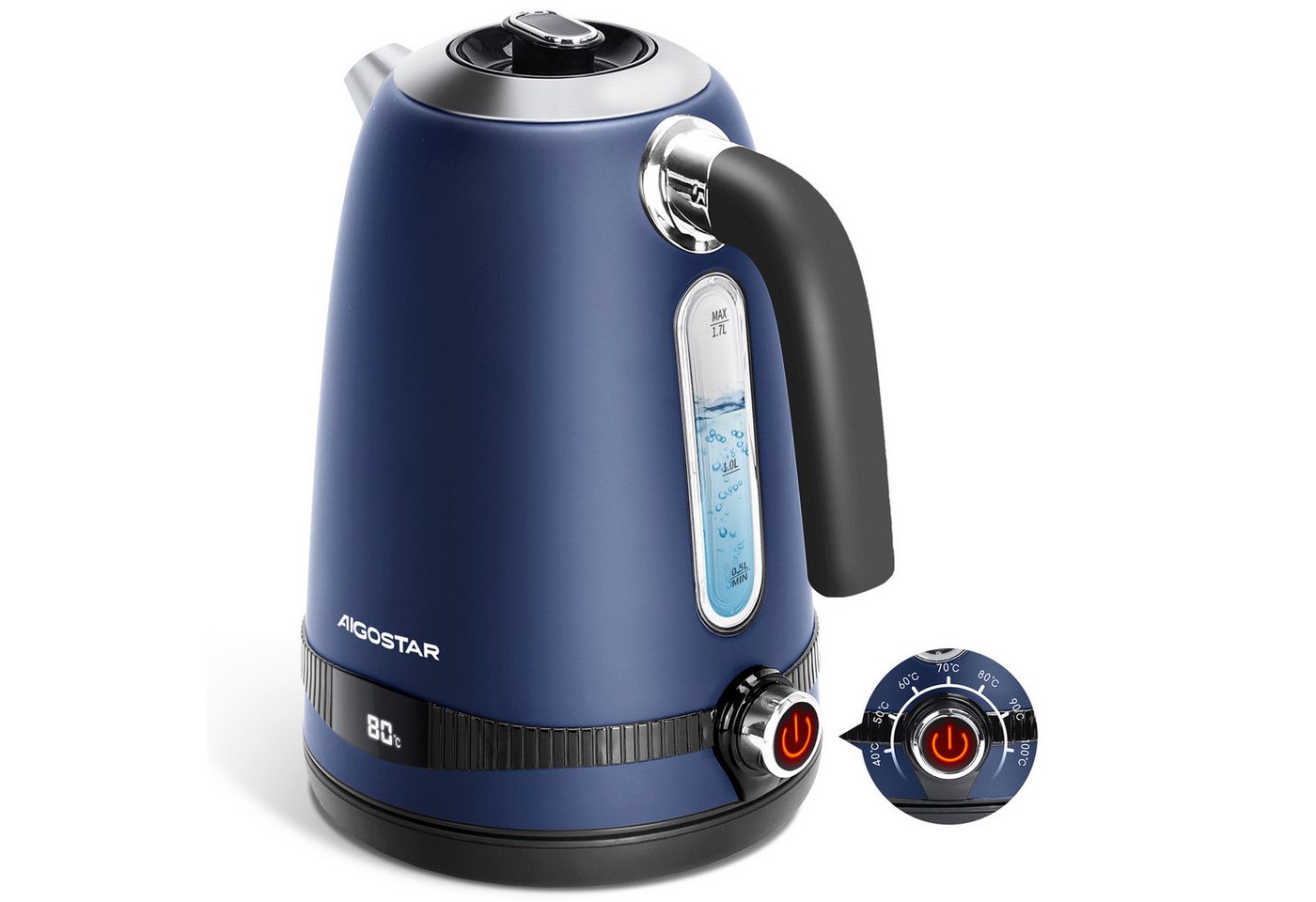 Aigostar Wasserkocher 1,7 L, 2200 W, temperatur-einstellbar 40-100℃ mit Warmhaltefunktion und digitaler Temperaturanzeige, mattschwarz