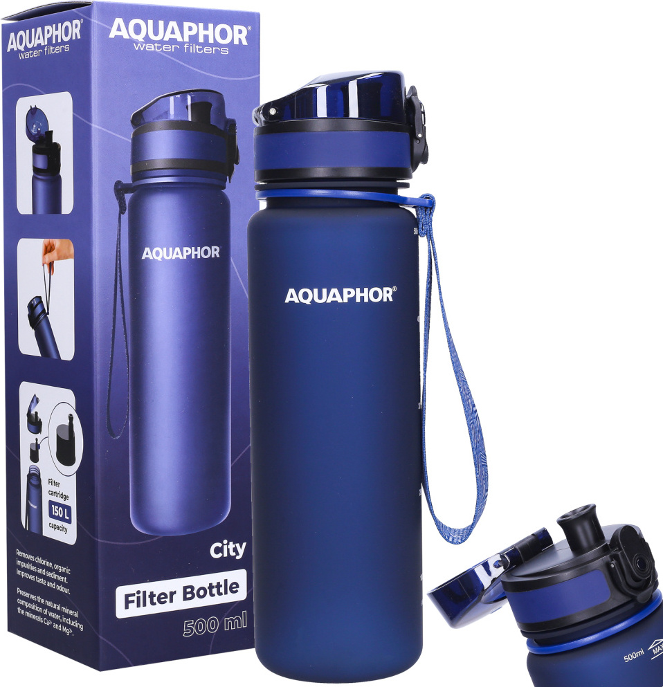 Aquaphor AQUAPHOR CITY blaue Filterflasche + 1 0,5 L Kartusche, Aktivkohlefilter für unterwegs