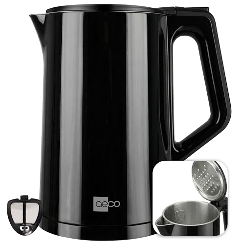 aeco AQA PRO Wasserkocher Edelstahl, 1,5 Liter, kabellos, BPA-frei, Cool-Touch-Doppelwand, Kalk-Filter, stylisch modern schwarz