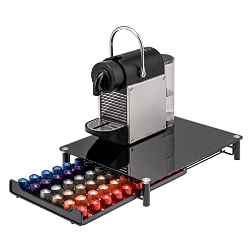 bremermann Kaffeekapsel-Box für 60x Nespresso, Schubladenbox aus Metall mit Glasplatte, Kapselspender in Schwarz, ca. 31 x 7 x 40,5 cm