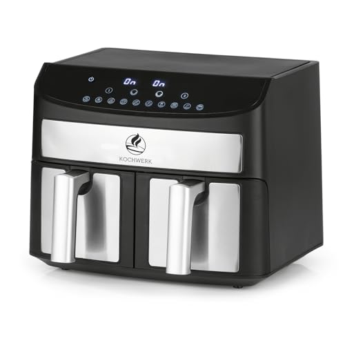 KOCHWERK Doppelkammer Heißluftfritteuse 7 L | Digitaler Edelstahl Airfryer mit Touchscreen & 10 Programmen | Frittieren von Speisen ohne Öl - fettarm | Smart-Cook Funktion | 2400 W