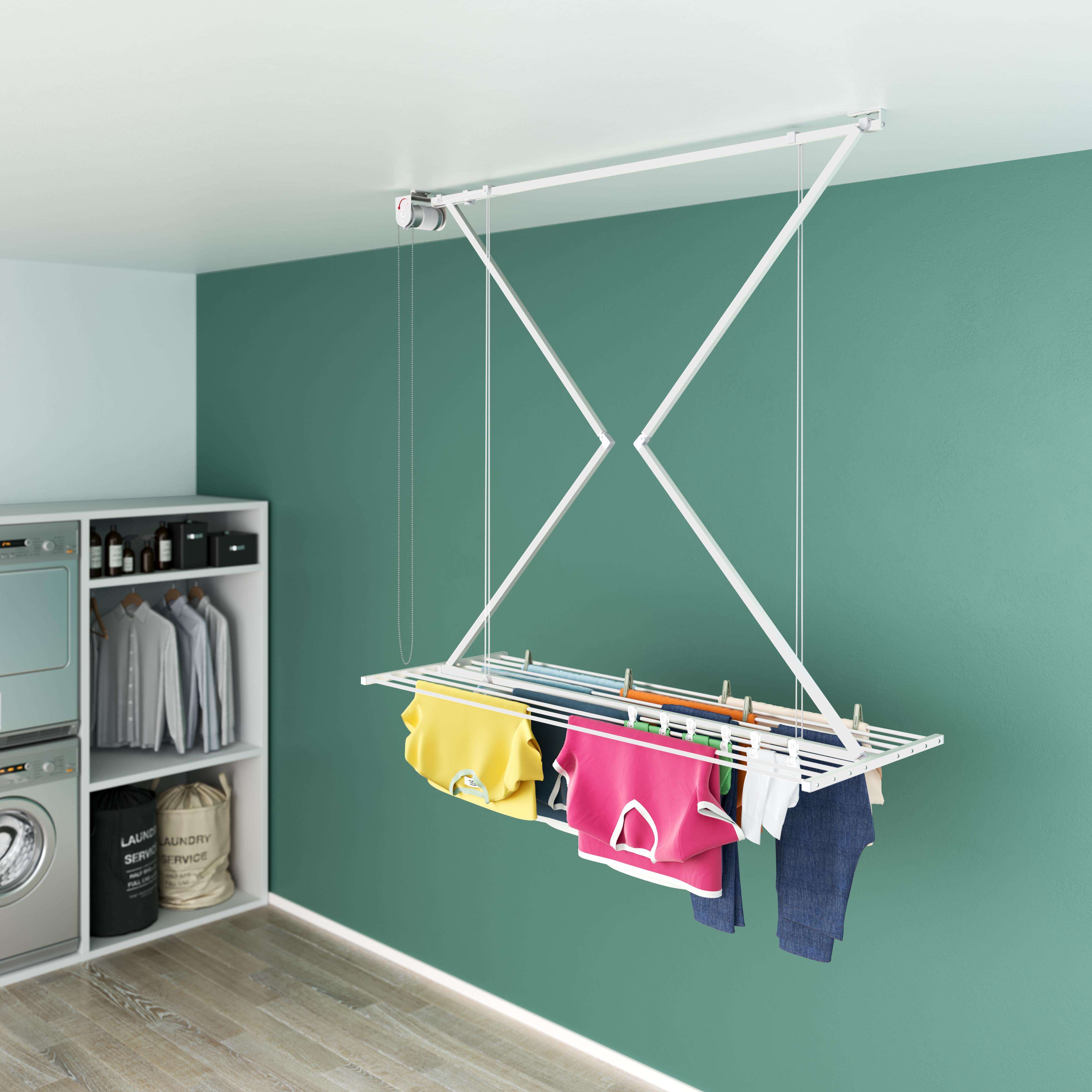 Foxydry Mini, Deckenmontierter Wäscheständer in Weiß, höhenverstellbar bis 1,80 m, platzsparend für Innen- und Außenbereiche, 10 kg Tragkraft