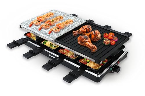 GOURMETmaxx 2-in-1 Raclette Set 8 Personen, elektrisch mit Temperaturregelung, Naturstein- und Aluminiumplatte, inklusive 8 Pfännchen & Schabern
