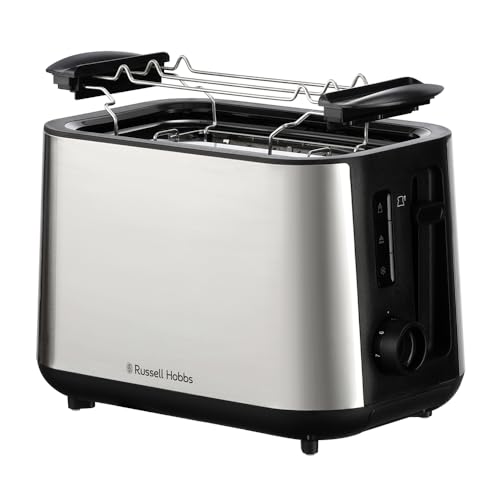 Russell Hobbs Toaster Heaton (extra breite Toastschlitze, 6 Bräunungsstufen, Hebefunktion, Auftau-, Aufwärm- & Stoppfunktion, Krümelschublade, Brötchenaufsatz, Edelstahl) 27390-56