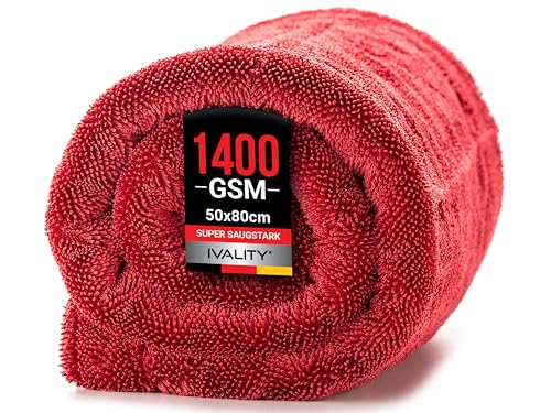 Ivality® Auto Trockentuch XXL 80x50 cm, 1400 GSM Ultra Saugstarkes Mikrofasertuch für fusselfreie Autopflege und Motorradreinigung, lackschonend und waschbar